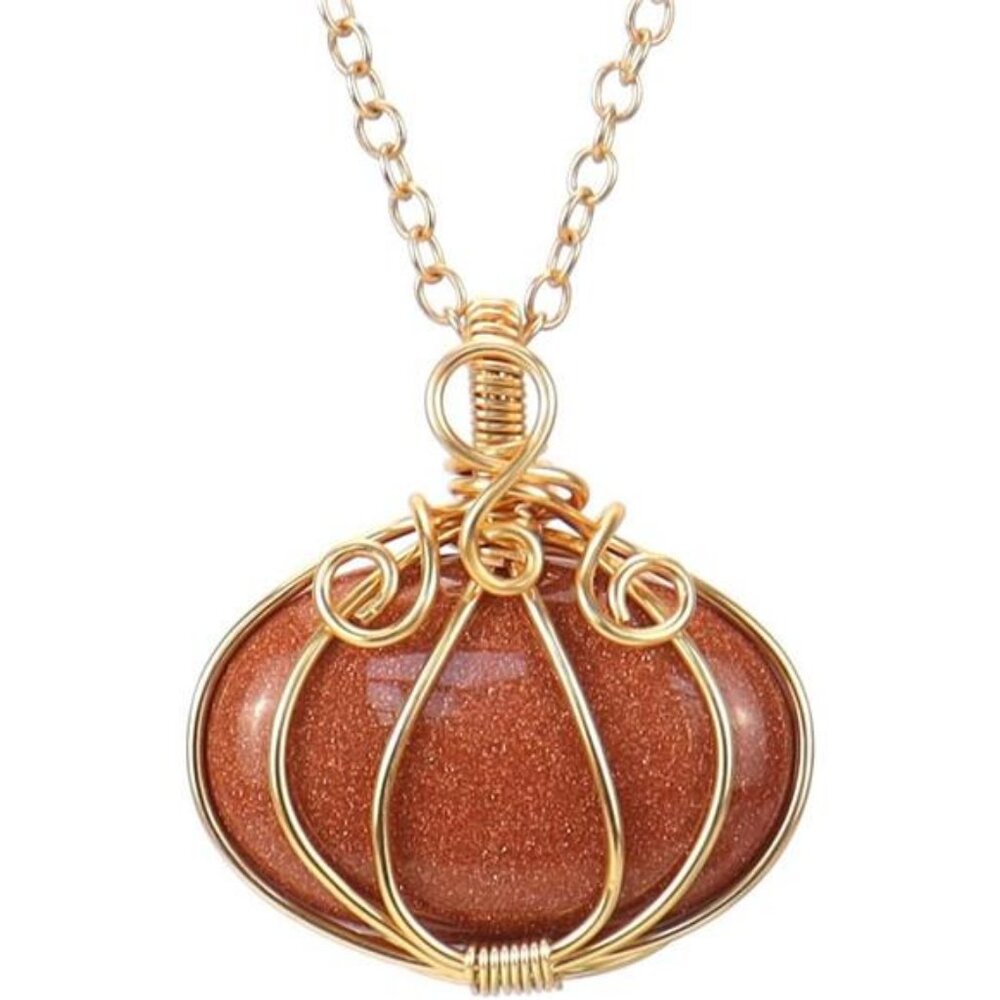 Natural Quartz Stone Goldstone Pendant Necklace,Thanksgiving Charm‎ Pumpkin